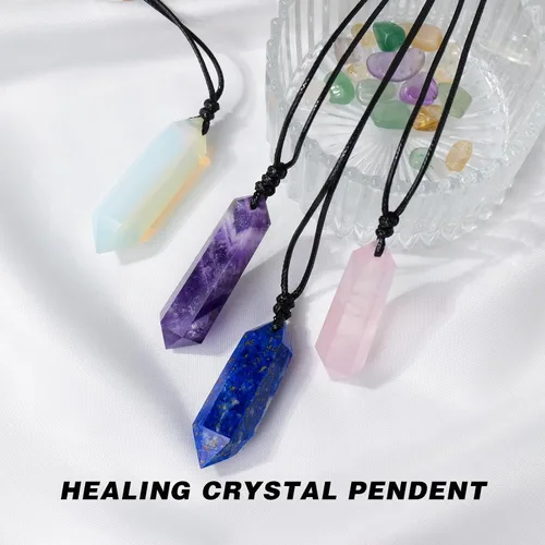 Vista 6 de Collar de cristal natural de doble punta hecho a mano con colgante tejido de piedras preciosas pulidas Reiki Energy Stone para hombres y mujeres
