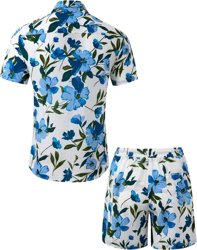 Vista 3 de Atwfo Conjunto de camisa hawaiana y pantalón corto para hombre, conjunto de 2 piezas para vacaciones, casual, con botones, playa, trajes florales