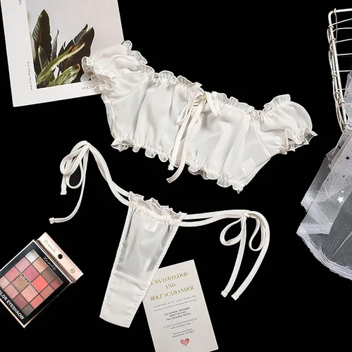Vista 5 de Conjunto de lencería sexy para mujer, con hombros descubiertos, lazo frontal, brasier y bragas