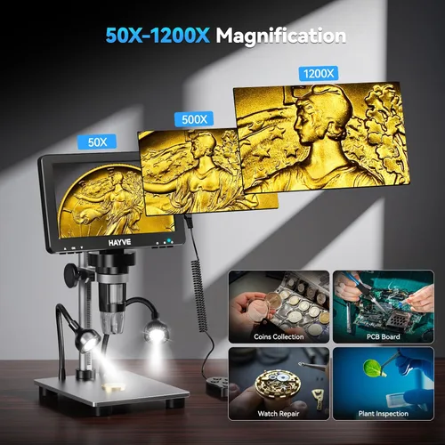 Vista 4 de Hayve Microscopio digital LCD de 7 pulgadas, aumento de 1200X para soldadura de reparación de circuitos PCB de monedas, microscopio de moneda