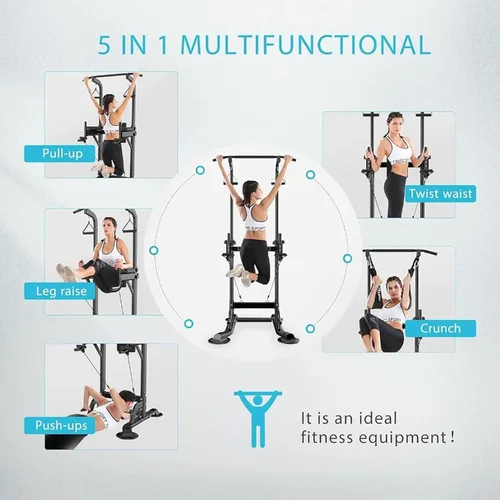 Vista 7 de Estación de inmersión de torre de fitness, estación de barra de dominadas y equipo de gimnasio multifunción para entrenamiento de fuerza