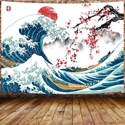 Vista 8 de MERCHR Tapiz de pared de flor de cerezo con sol rosa y rojo, olas del océano y escena de montaña, diseño de anime asiático para dormitorio, 60 x 40
