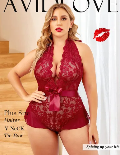 Vista 3 de Avidlove Lencería de talla grande para mujer, cuello en V profundo, lencería de encaje, camisón de encaje
