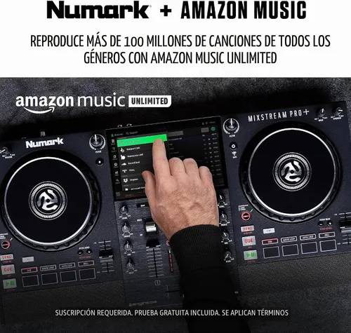 Vista 11 de Numark Controlador de DJ Mixstream Pro+ con Separación de Stems, 2 Decks, Transmisión Wi-Fi, Mezclador, Pantalla Táctil de 7", Altavoces, funciona