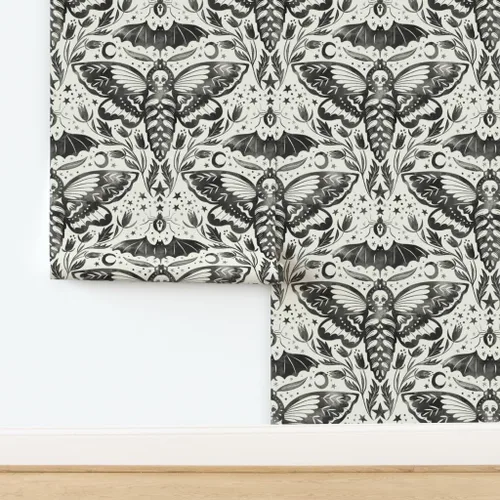 Vista 4 de Muestro de papel tapiz extraíble – Acuarela Cráneo Polilla Damasco Negro Blanco Flor Estrellas Elegante Tinta Magia Papel pintado personalizado