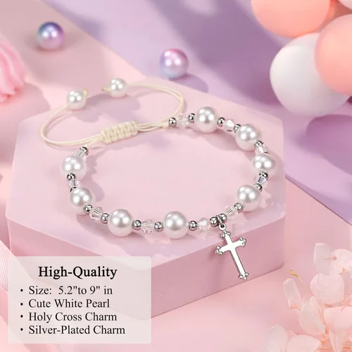 Vista 3 de UNGENT THEM Regalos de bautismo para niñas, pulseras de regalos de primera comunión para niñas, pulsera de cruz