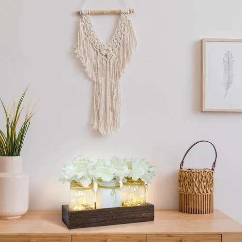 Vista 4 de Fowecelt Luces de tarro de masón, decoración de centro de mesa para comedor, sala de estar, cocina, decoración de mesa de madera, bandeja de madera