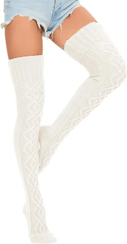 Vista 2 de HYTENSUN Calcetines altos de punto para mujer, calcetines altos gruesos por encima de la rodilla, calcetines de tubo de ganchillo, calentadores