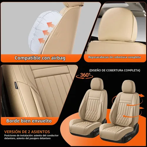 Vista 2 de Juego completo de fundas de asiento de automóvil de cuero napa impermeables y transpirables de 2 plazas, aptas para asientos delanteros de beige