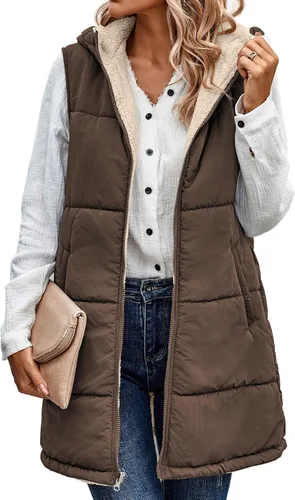Vista 24 de ECOWISH Chaleco largo acolchado para mujer: chaqueta de forro polar reversible con cremallera para otoño 2025, abrigo de invierno cálido sin mangas