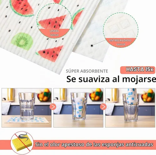 Vista 2 de Patelai Paños de cocina suecos mixtos de frutas reutilizables, absorbentes y de secado rápido, paños de limpieza para cocina, arándano, cereza
