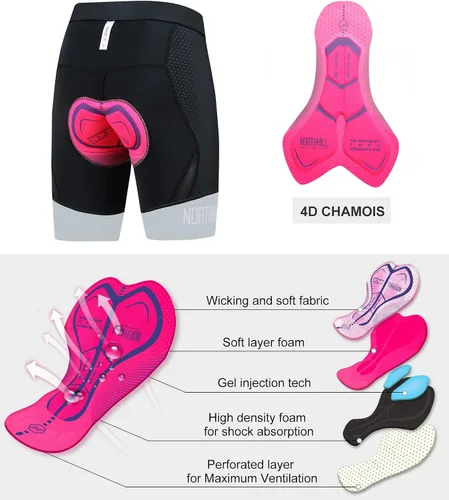 Vista 4 de NORTHHILL Pantalones cortos de ciclismo acolchados para mujer, pantalones cortos de ciclismo de cintura alta con forro 4D acolchado de gel Spin