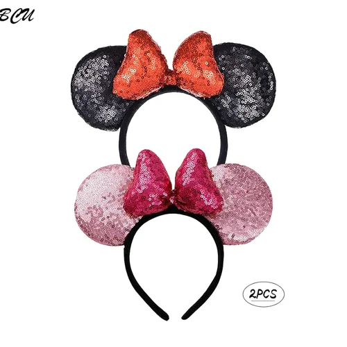 Vista 2 de BCU Mouse - Juego de 2 diademas de lentejuelas con purpurina de mariposa para niños o adultos 3D negro y rosa