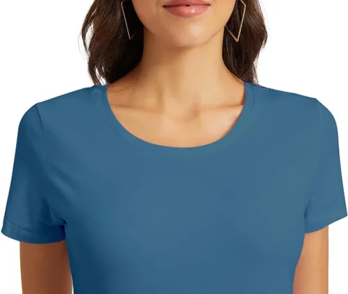 Vista 5 de VIIOO Camiseta básica de media manga con cuello redondo para mujer, casual, color liso, de algodón