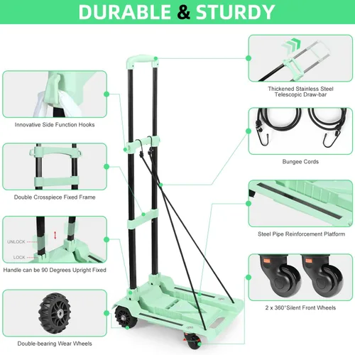Vista 2 de Carro plegable para camión de mano de 176.4 lbs/176 libras, carrito utilitario de equipaje resistente con 4 ruedas giratorias, señal de advertencia