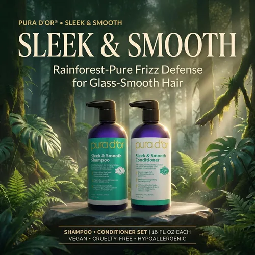 Vista 2 de PURA D'OR Elegante y suave juego de champú y acondicionador para cabello liso sin encrespamiento y sedoso, infundido con aloe vera orgánico, aceite