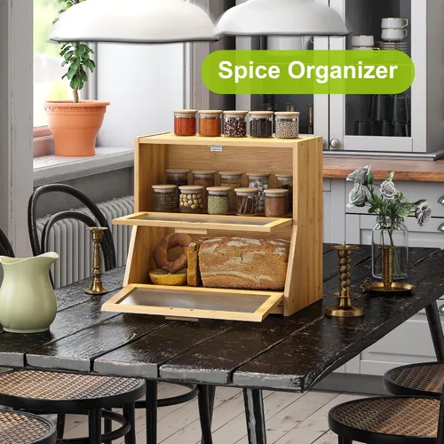 Vista 4 de BMOSU Panera grande de doble capa con tabla de cortar para encimera de cocina, panera con ventana de vidrio esmerilado de bambú (natural)