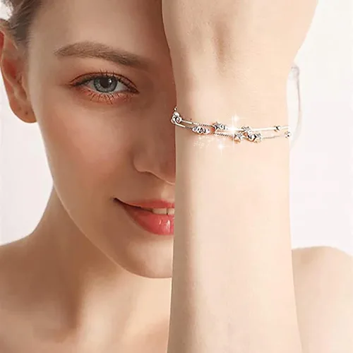 Vista 9 de Juego de joyas de plata para mujer, juego de aretes de plata y oro, pulsera de estrella de doble capa, pulsera de aleación, pulsera de muñeca