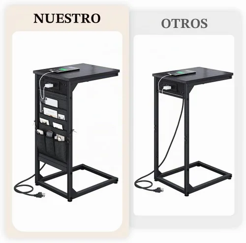 Vista 3 de Mesa auxiliar en forma de C con estación de carga rápida, mesa lateral pequeña para sofá con bolsa de almacenamiento, bandeja de TV para sofá
