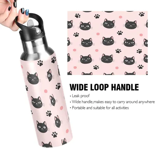 Vista 4 de Cute Black Cat Pink Insulated Water Bottle 32 Oz Leakproof Water Bottles, BPA-Free Sport Water Bottle Insulated