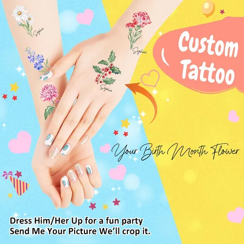 Vista 2 de Tatuajes temporales personalizados, tatuajes de flores de nacimiento personalizados para cumpleaños, boda, despedida de soltera, 1 juego de 15