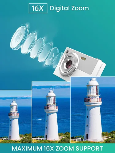Vista 4 de Cámara digital, cámara 4K para niños, zoom 16X, cámara digital de apuntar y disparar con tarjeta de 32 GB, cámara pequeña portátil con enfoque