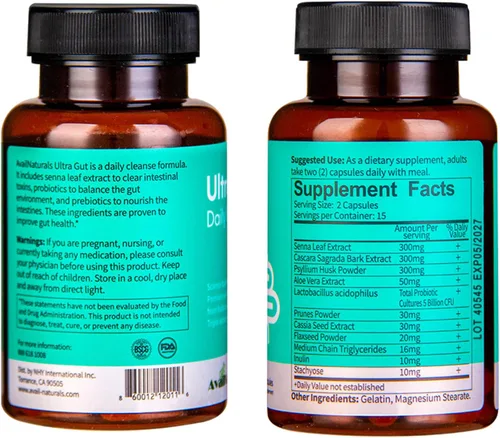 Vista 2 de AvailNaturals Ultra Gut - Limpieza diaria de 15 días, 30 cápsulas con 2.5 mil millones de probióticos UFC, fibra dietética, extracto de hoja de sena