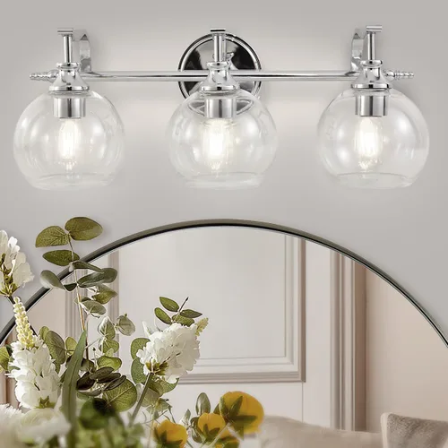 Vista 22 de ANDY STAR Lámparas de baño de níquel cepillado, luces de tocador de 1 luz, apliques modernos de pared de baño con pantalla de vidrio transparente