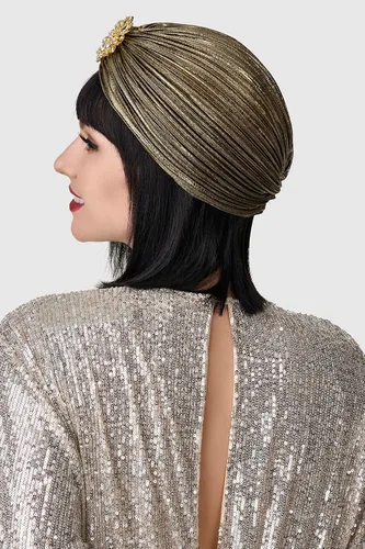 Vista 4 de BABEYOND Turbante para mujer con cristal vintage para la cabeza, turbante plisado (oro oscuro)