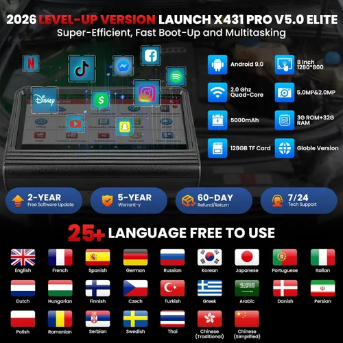 Vista 5 de Launch X431 V X431 5ª generación (X431 Pro Sistema) tablet escáner de diagnóstico Android OS de 8 pulgadas con WiFi y Bluetooth.