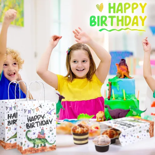 Vista 5 de Containlol 16 bolsas de papel para fiesta de cumpleaños de dinosaurio, bolsas de regalo de cumpleaños con asa para niños y niñas, temática
