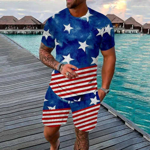 Vista 2 de 2023 Men's Casual Sports Set American Flag 2 Piece Outfits Summer 4th of July Tracksuit Sets Stylish Tshirt and Shorts Set