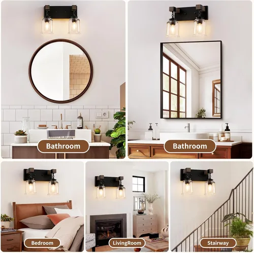 Vista 7 de VbiTmn Accesorios de Iluminación para Baño Estilo Granja, Lámpara de Tocador para Baño de 2 Luces Negro Mate, Estilo Industrial con Pantallas
