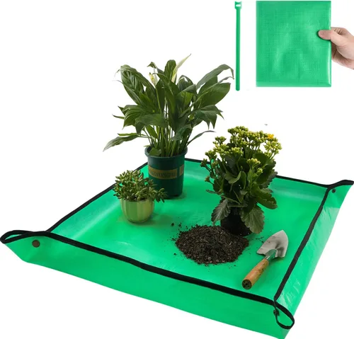 Vista 11 de Tapete de trasplante de 26.8"X26.8" para plantas de interior para controlar el desorden, tapete de bandeja de jardinería plegable e impermeable 1