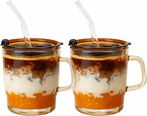 Vista 11 de Luxfuel Vaso Tumbler de Agua de Vidrio de 13 onzas con Pajita y Tapa, Tazas Reutilizables para Café Helado, Té Helado, Vaso Tumbler de Vidrio