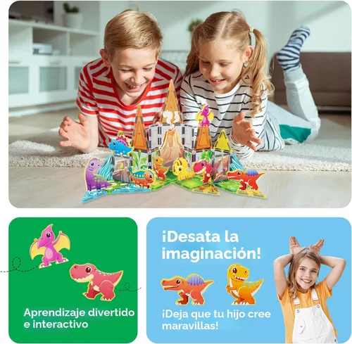 Vista 5 de PicassoTiles - Juego de 38 piezas de bloques de construcción con azulejos magnéticos, tema de dinosaurios, con 8 figuras de acción magnetizadas