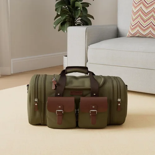 Vista 2 de Wildroad Bolsa de viaje de lona de 50L, bolsa de lona expandible de cuero genuino, bolsa de fin de semana mejorada para una noche, bolsa de mano