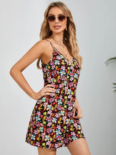 Vista 4 de Floerns - Vestido corto de verano con estampado floral de cerezas, acampanado para mujer
