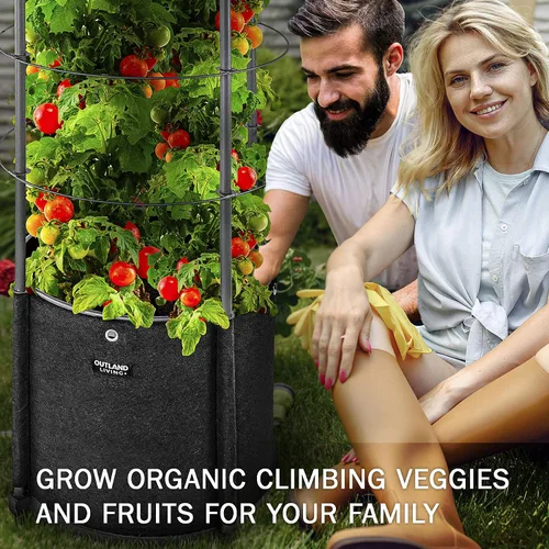 Vista 4 de Outland Living Maceta grande para tomates con enrejado de metal de 68 pulgadas, maceta de tela de 20 galones con drenaje, jaulas altas para trepar