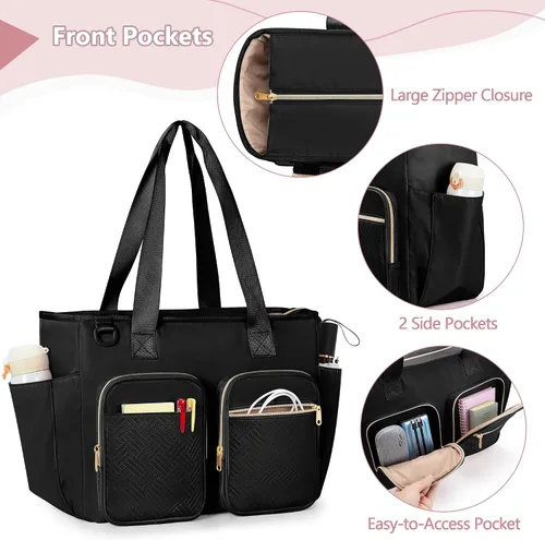 Vista 4 de Bolso para profesores con compartimento para laptop, bolsa grande para trabajo y suministros para profesores, color negro (vacío, diseño patentado)