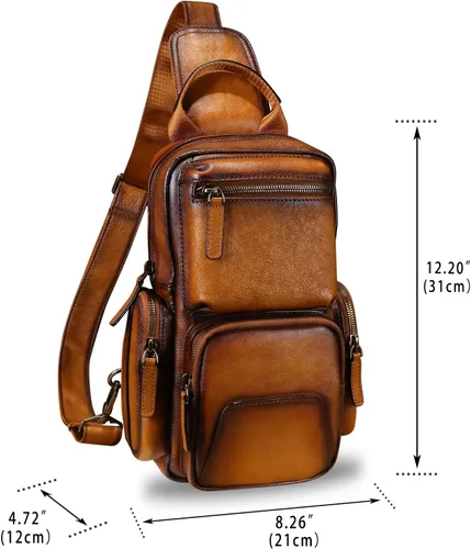 Vista 4 de IVTG Bolso bandolera de cuero genuino para senderismo, estilo vintage, hecho a mano, mochila para el pecho, mochila de hombro, paquete