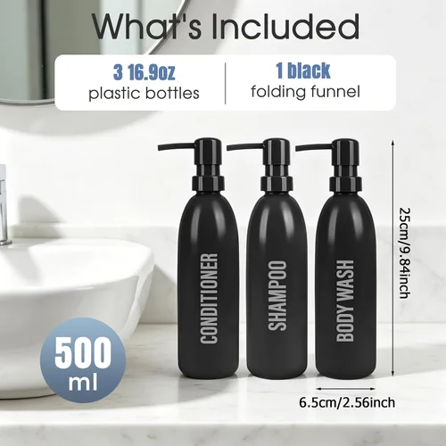Vista 2 de Black Shampoo & Conditioner Dispenser Set 3-Pack 16.9oz Pump Bottles