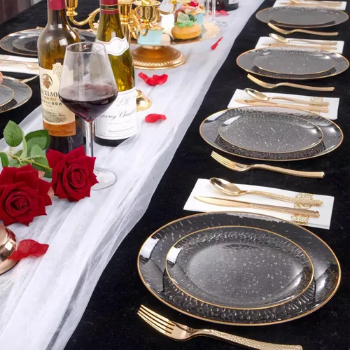 Vista 6 de Hioasis 60 piezas de platos de plástico negro - Juego de vajilla desechable con borde dorado, martillado, resistente, adecuado para 30 invitados