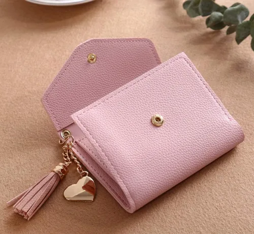 Vista 2 de Cartera pequeña de cuero para mujeres y niñas con tarjetero, Rosado, Cartera con tarjetero