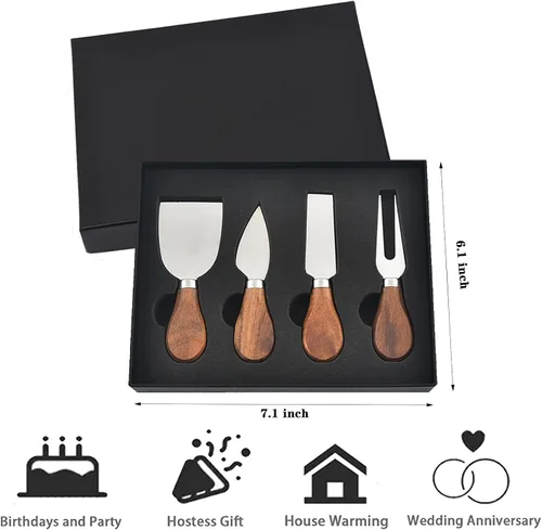 Vista 6 de Juego de 4 Piezas de Cuchillos para Queso - Cuchillos para Queso de Acero Inoxidable con Mango de Madera de Acacia - Juego de Cuchillos