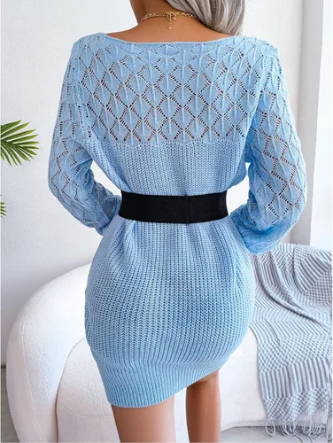 Vista 4 de Pissente Vestido tipo suéter ajustado para mujer con cuello barco, manga de linterna hueca (cinturón no incluido)