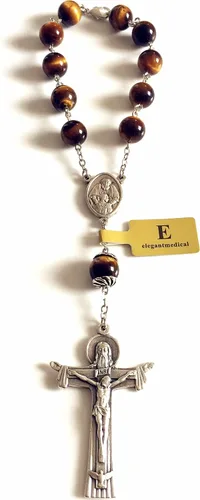 Vista 4 de elegantmedical 10MM Tiger Eye Beads Oración Católica una década rosario pulsera cruz Regalo y caja rosario coche, Plata de ley