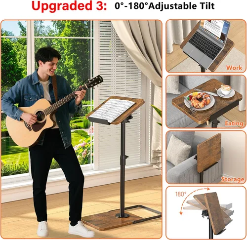 Vista 4 de Mesa de TV para sofá, altura ajustable/giro de 360°/diseño de panel abatible de 180°, mesa auxiliar lateral en forma de C, mesa lateral para brazo