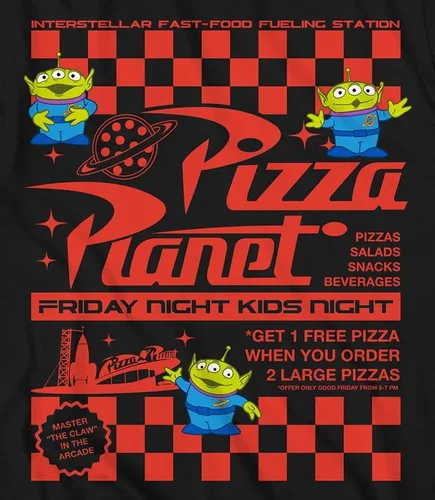 Vista 3 de Disney Pixar Toy Story Pizza Planet Take Out Flyer Disneyland World Tee Funny Humor Camiseta gráfica para hombre