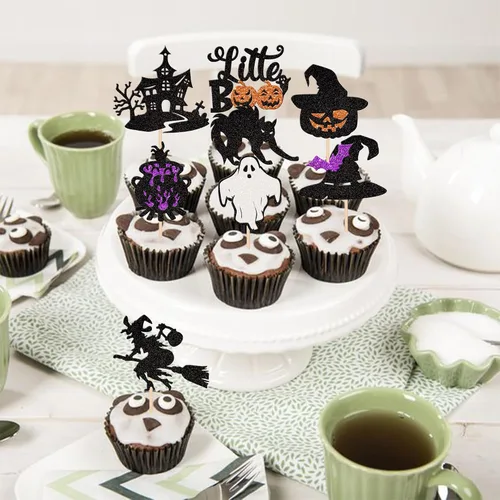 Vista 4 de Rsstarxi Paquete de 24 adornos para cupcakes Little Boo con purpurina, bruja, gato, calabaza, castillo, fantasma, magdalenas, alimentos, decoración